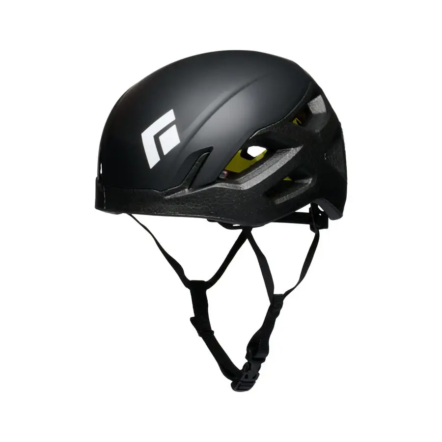A ventilated climbing helmet with a chin strap