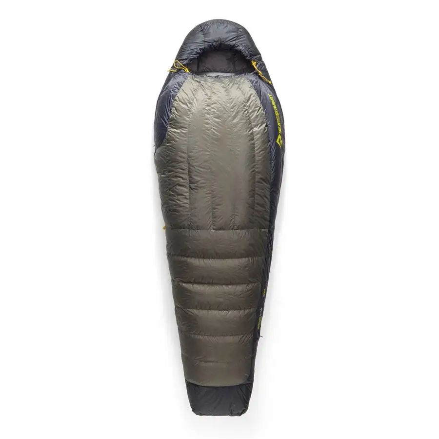 A mummy-shaped sleeping bag with a hood