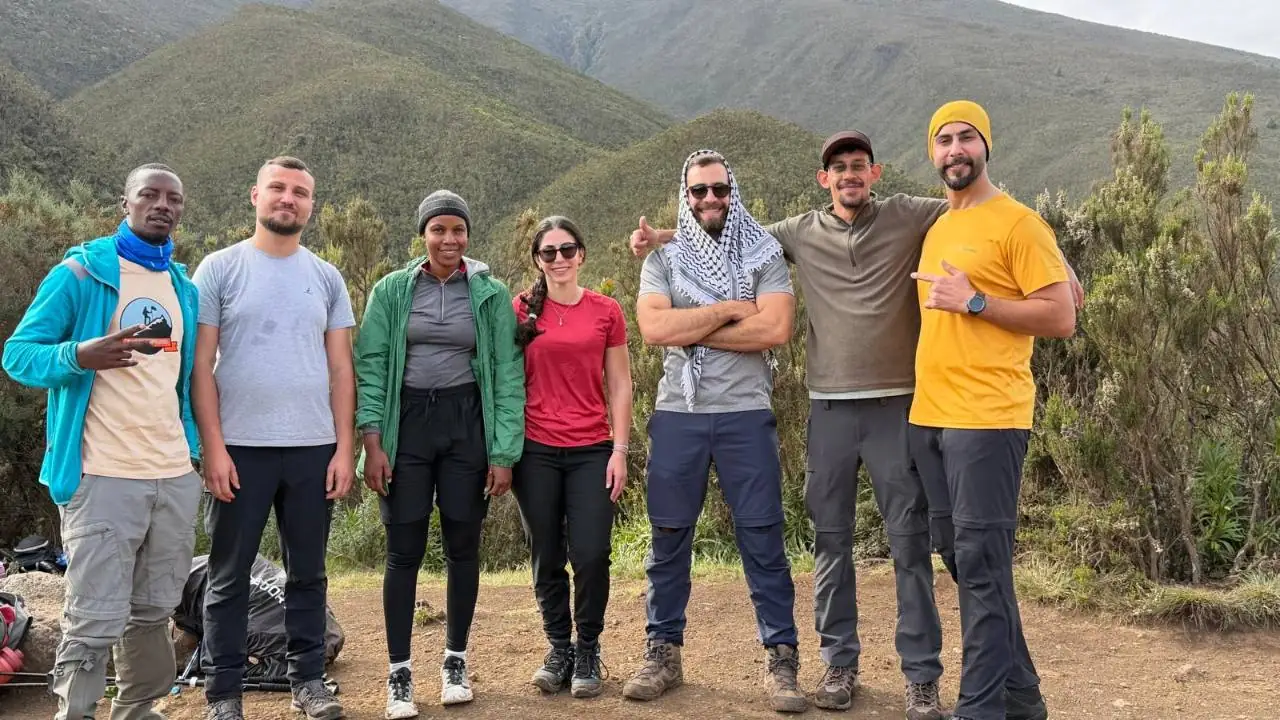 A group of trekkers on the Kilimanjaro trail
